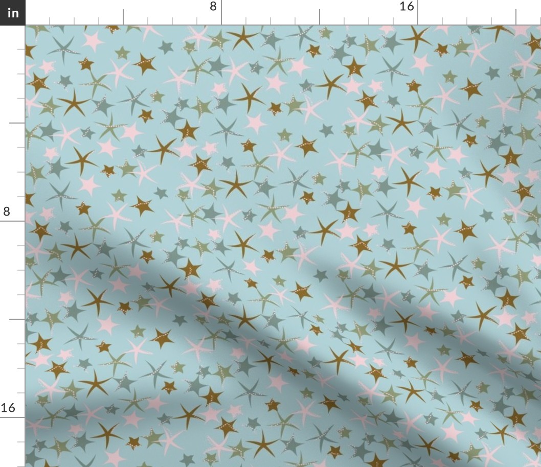 515 - $  Small scale Under the sea starfish galore in teal, pink and old gold - for kids apparel, dresses, leggings, adventure decor,  nursery wallpaper, cot linen and baby accessories