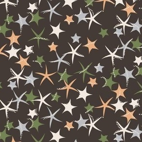 515 -  Small scale starfish, dark charcoal, peach, green and gray  - for kids apparel, dresses, leggings, adventure decor,  nursery wallpaper, cot linen and baby accessories