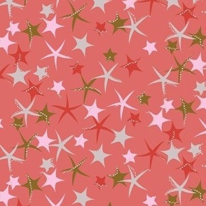 515 -  Small scale warm coral, grey, pink and green star fish with polka dots - for kids apparel, dresses, leggings, adventure decor,  nursery wallpaper, cot linen and baby accessories