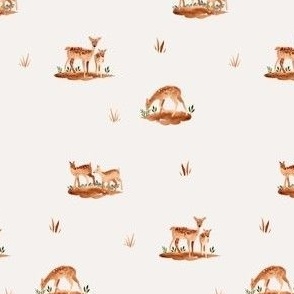 Watercolor deer on cream in gender neutral brown and green for whimsical baby and children's wear