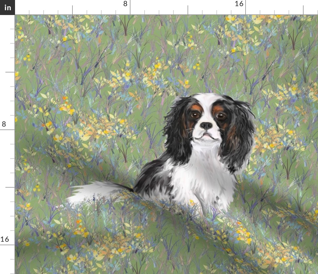 Cavalier King Charles Spaniel for Pillow in Green Wildflower Field