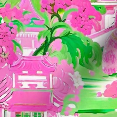 Preppy pink Staffordshire dogs in pink and green chinoiserie garden