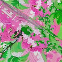 Preppy pink Staffordshire dogs in pink and green chinoiserie garden