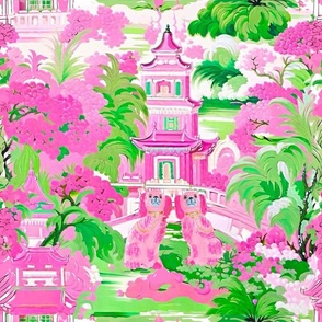 Preppy pink Staffordshire dogs in pink and green chinoiserie garden