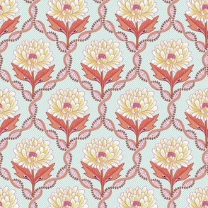 Graphical peony flowers on elaborated trellis with light colored backdrop  - small.