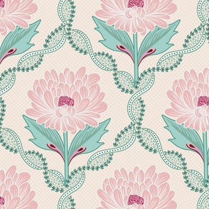 Delightful decorative trellis pattern with soft pink graphical peony flowers  - mid size.