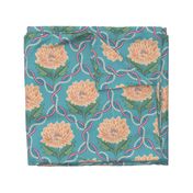 Decorative trellis on textural background with graphical peony flowers - mid size.