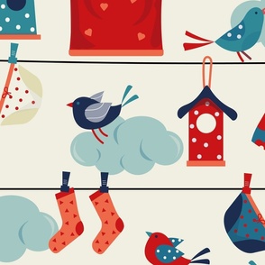 ( L ) birds and hanging clothes 