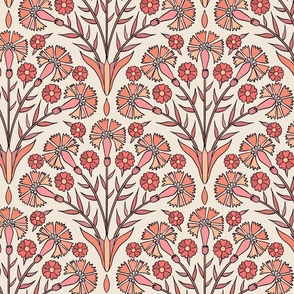 Art Deco Carnations in Peach, coral and pink, turkish Iznik