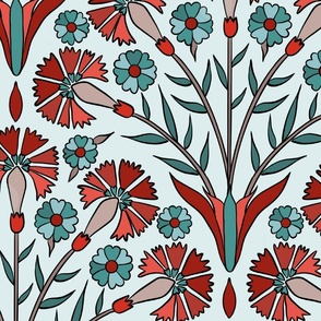 Art Deco Carnations in red and turquoise, large scale