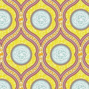 Colorful vintage pattern of medallions with decorative floral vines and an ornate rose - yellow orange , pink and pastel blue  - Large