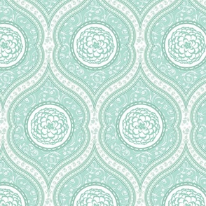 Elegant pattern of vintage floral vines and damask borders with an intricate rose medallion - white and pastel mint - large 