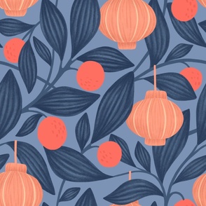 Mandarin Oranges and Glowing Chinese Lanterns on Steel Blue | Chinese Year of the Dragon 2024
