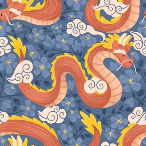 Red Dragons with Steel Blue Peach Blossoms and Clouds | Chinese Year of the Dragon 2024