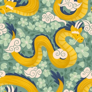 Yellow Dragons with Jade Green Peach Blossoms and Clouds | Chinese Year of the Dragon 2024