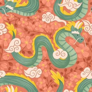 Jade Green Dragons with Red Peach Blossoms and Clouds | Chinese Year of the Dragon 2024