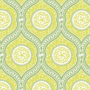 Yellow and green ornamental pattern of medallions with vintage floral vines and intricate roses - springtime home décor   - large .
