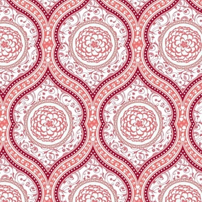 Maximal print of boho style medallios with an ornate rose surrounded by antique floral vines - red and pink  - large 