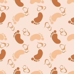Baby feet print with little hearts in warm neutral tone colours 