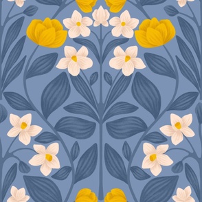 Damask Chinese Narcissus and Daffodils with Yellow Peonies on Steel Blue | Chinese Year of the Dragon 2024