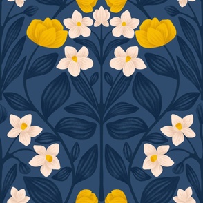 Damask Chinese Narcissus and Daffodils with Yellow Peonies on Midnight Blue | Chinese Year of the Dragon 2024