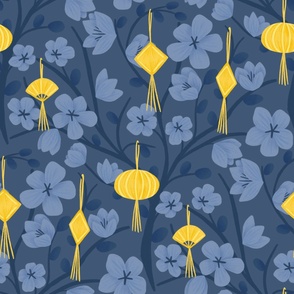 Peach Blossom Tree with Chinese lanterns and festive decor on Midnight Blue| Chinese Year of the Dragon 2024