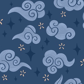 Chinese style Clouds with Stars and Fireworks on Midnight Blue | Chinese Year of the Dragon 2024