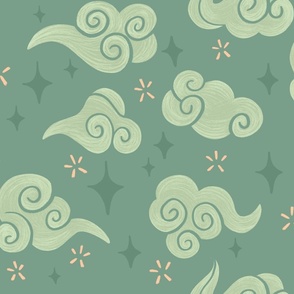 Chinese style Clouds with Stars and Fireworks on Jade Green | Chinese Year of the Dragon 2024