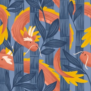 Chinese Dragons in a Bamboo Forest with Leaves on Steel Blue | Chinese Year of the Dragon 2024