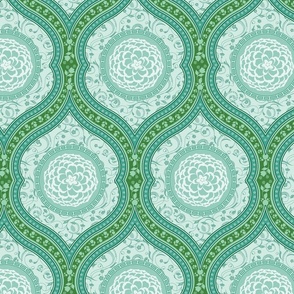 Mint and green maximalist decorative medallion with an intricate rose surrounded by vintage floral vines for wallpaper  - large .