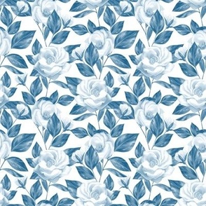 Blue floral seamless pattern with roses flowers SMALL scale