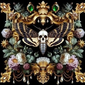 1 death's head hawkmoth inspired skull head face moths insects floral flowers pearls gems jewels gemstones emeralds gold frames baroque victorian  gothic ornate filigree purple white green ornate eerie macabre spooky bizarre morbid 