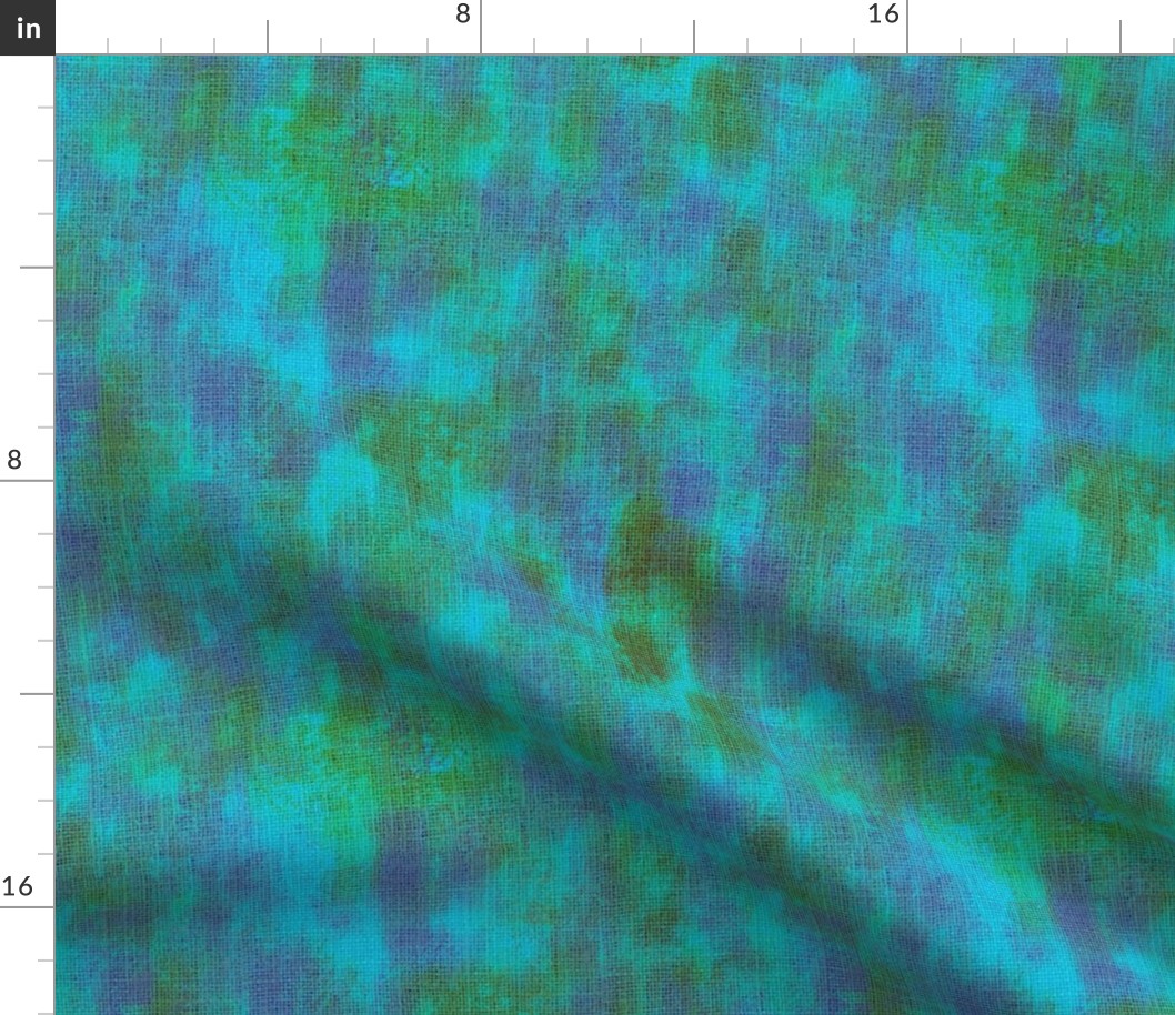 12” repeat Painterly mark making on faux burlap woven texture tree from blender, artistic marks sage green, blue nova, turquoise
