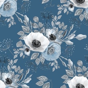 White, light blue flowers with gray leaves on a dusty blue  background. 