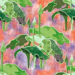 24” repeat Painterly botanical forest lake plants on faux burlap woven texture leap year frog coordinate on blue nova, orange peach abstract background