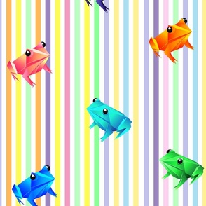 Frogs made of paper on striped background. Frogs origami set.