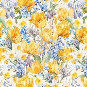 14" Hand Painted Antique Watercolor Springflowers Fabric, Springflower,    Yellow Tulips Fabric, Forget-Me-Not Fabric, double layer - soft spring white