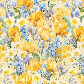 14" Hand Painted Antique Watercolor Springflowers Fabric, Springflower,    Yellow Tulips Fabric, Forget-Me-Not Fabric, double layer - soft spring yellow