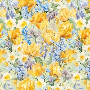 14" Hand Painted Antique Watercolor Springflowers Fabric, Springflower,    Yellow Tulips Fabric, Forget-Me-Not Fabric, double layer - soft spring green