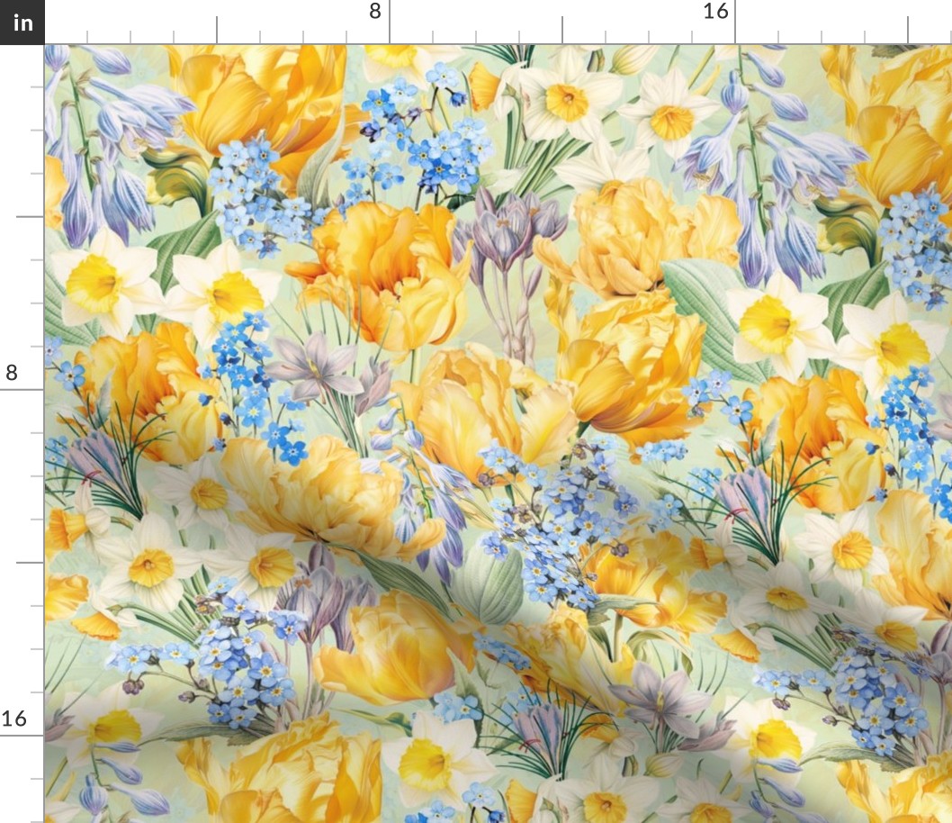 14" Hand Painted Antique Watercolor Springflowers Fabric, Springflower,    Yellow Tulips Fabric, Forget-Me-Not Fabric, double layer - soft spring green