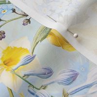 14" Hand Painted Antique Watercolor Springflowers Fabric, Springflower,    Yellow Tulips Fabric, Forget-Me-Not Fabric, double layer - soft spring blue