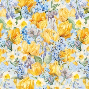 14" Hand Painted Antique Watercolor Springflowers Fabric, Springflower,    Yellow Tulips Fabric, Forget-Me-Not Fabric, double layer - soft spring blue