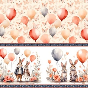 LOVELY RABBIT BUNNY STRIPES BALLOONS BUTTERFLIES CORAL FLWRHT