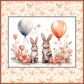 PANEL 1 LOVELY RABBIT BUNNY BALLOONS BUTTERFLIES FLWRHT