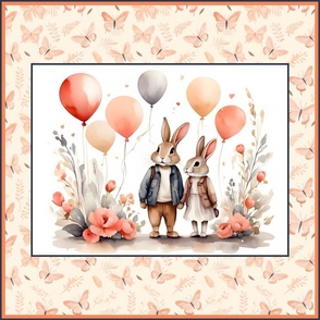 PANEL 2 LOVELY RABBIT BUNNY BALLOONS BUTTERFLIES FLWRHT