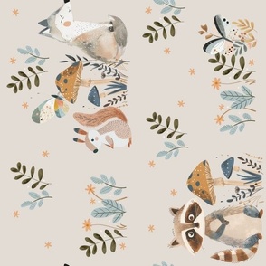 Raccoon and Friends - forest animal fabric, woodland animals, gender neutral ROTATED