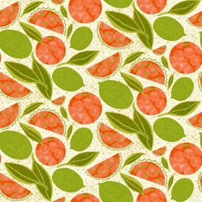 Scattered Oranges and Limes with leaves 