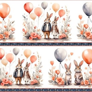 LOVELY RABBIT BUNNY STRIPES BALLOONS CORAL WHITE FLWRHT