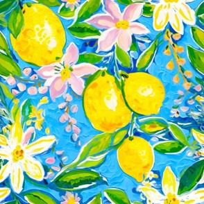 Preppy lemons and lemon blossom on turquoise