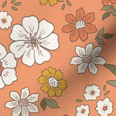 XL Retro Flowers – Boho Floral, 1960s and 1970's Floral, mustard pink and orange (24" repeat- flw14)